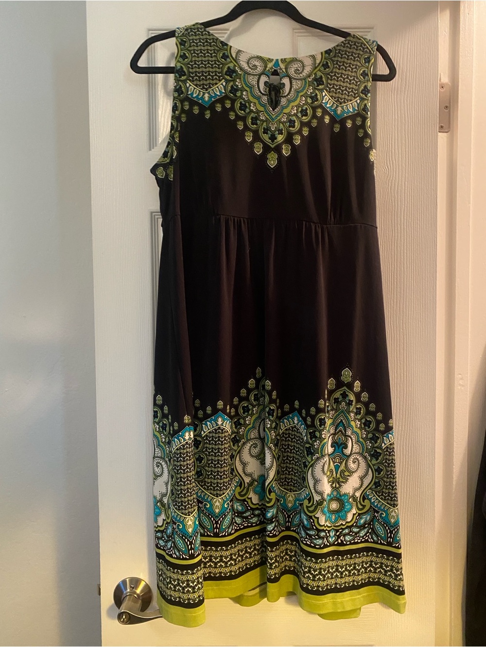Apt. 9 Black Midi Dress with Green, Teal & White Border Print
